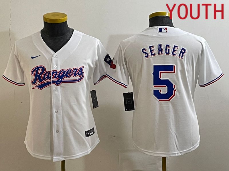 Youth Texas Rangers #5 Seager White Game Nike 2023 MLB Jersey style 1